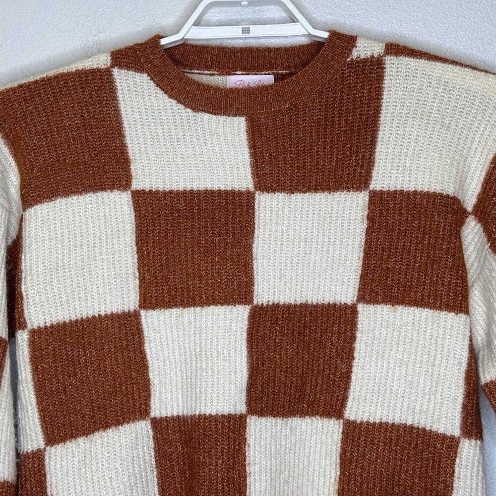 Pink Lily Crewneck Oversized Sweater Sz Small Cream Rust Check Long Bell Sleeve - Picture 2 of 8